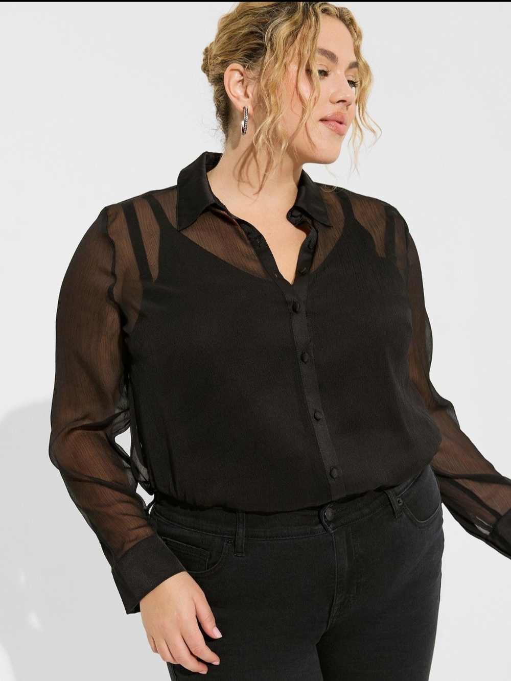 Torrid Black Sheer Chiffon Satin Button Up Blouse Size 3 3X 22/24